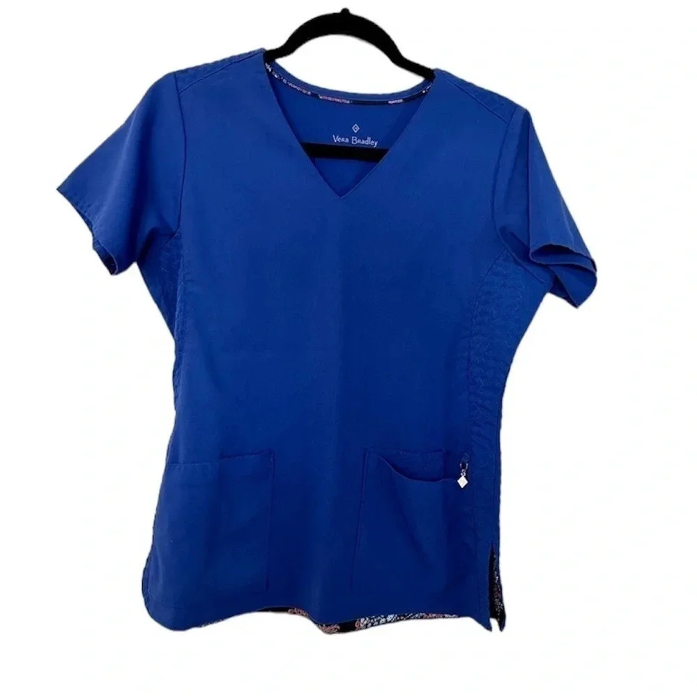 Vera Bradley Blue Short Sleeve V-Neck Medical Scrub Top w/ Pockets Size S GUC